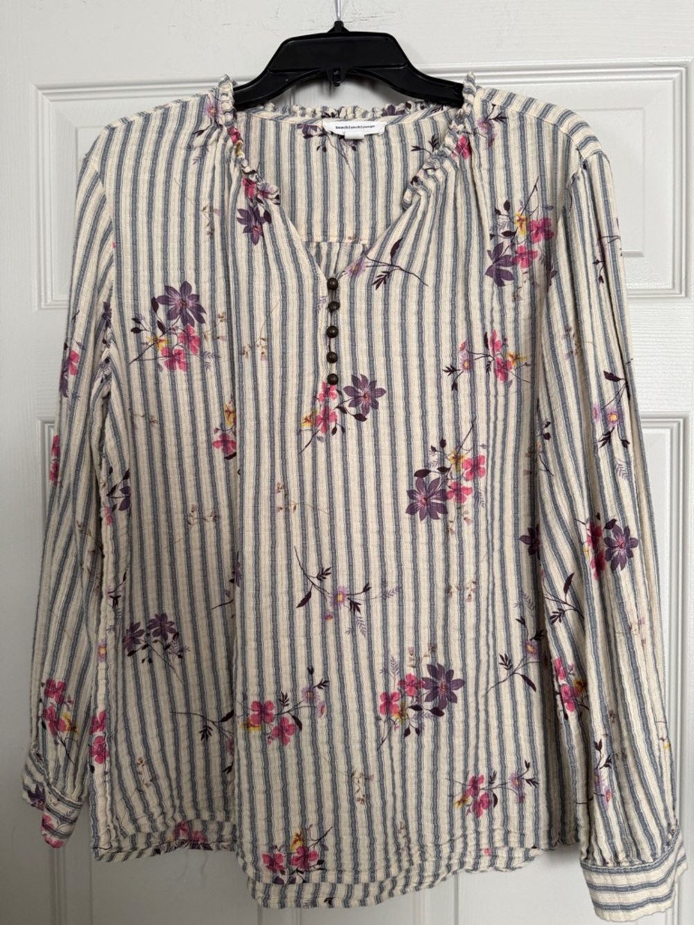 beachlunchlounge Striped Floral Button-Front Blouse - Ivory, Blue, Pink, Purple